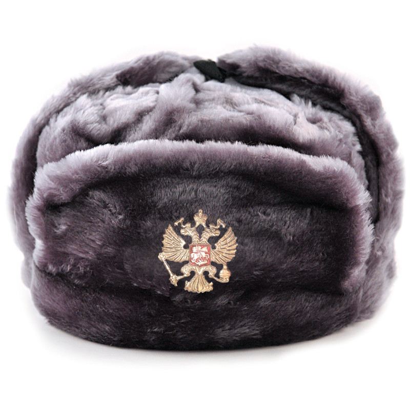 Size 58.Russian shapka ushanka with emblem Cap with ear flaps artificial fur with a cockade
